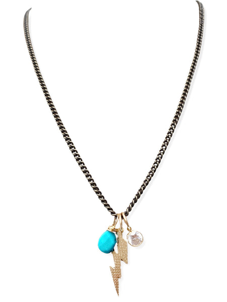Mixed Metal Charm Necklace- 18"- Turquoise & Lightning Bolt