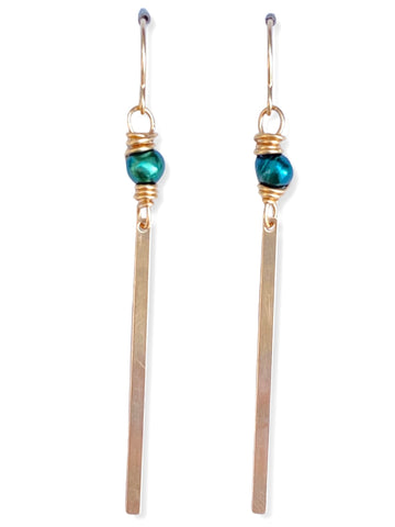 Gold Bar Earrings- Peacock Pearl
