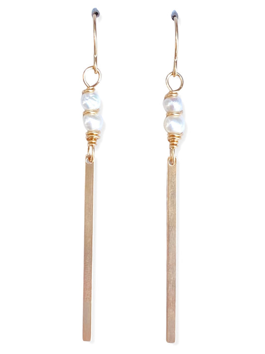 Gold Bar Earrings- Pearl