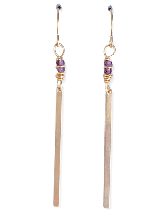 Gold Bar Earrings- Amethyst