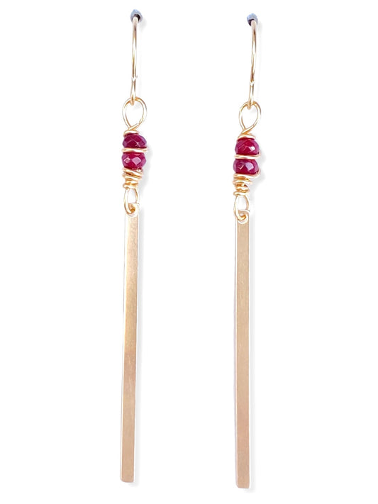 Gold Bar Earrings- Garnet