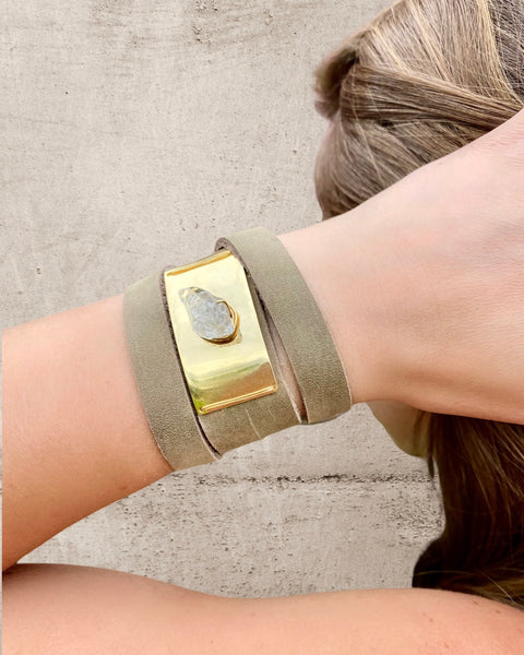 Gold Plate Wrap- Charcoal Leather & Herkimer Diamond