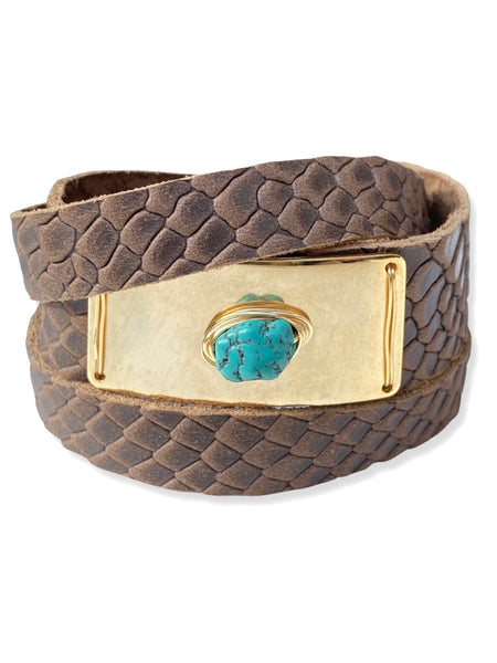 Gold Plate Wrap- Brown Python & Turquoise