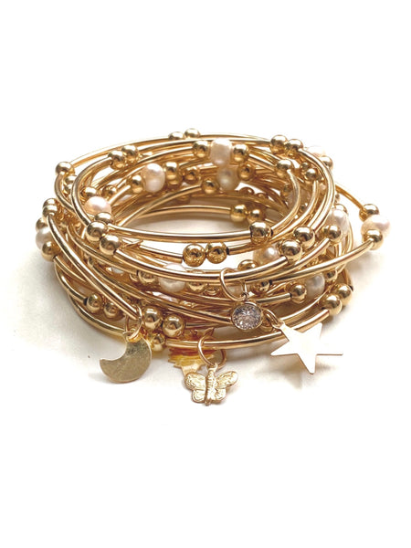 Gold Tube Charm Bracelet- Cubic Zirconia