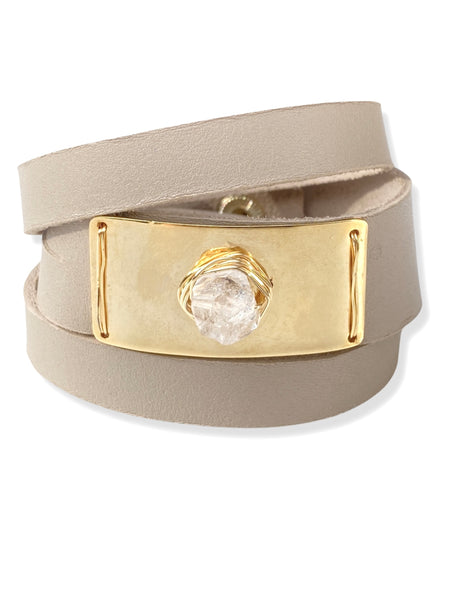 Gold Plate Wrap- Taupe Leather & Herkimer Diamond