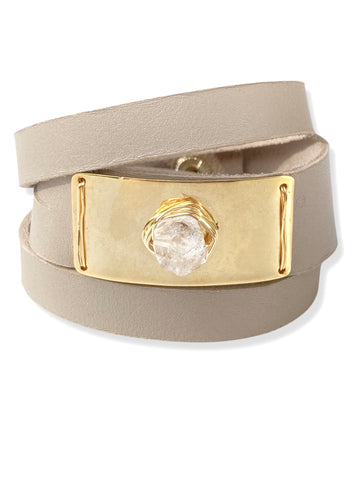 Gold Plate Wrap- Taupe Leather & Herkimer Diamond