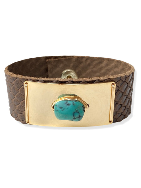 Gold Plate Snap- Brown Python & Turquoise