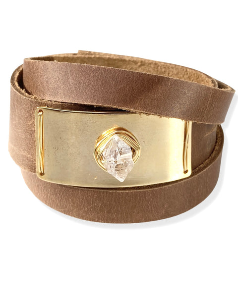 Gold Plate Wrap- Caramel Leather & Herkimer Diamond