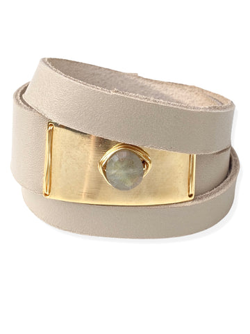 Gold Plate Wrap- Taupe Leather & Labradorite