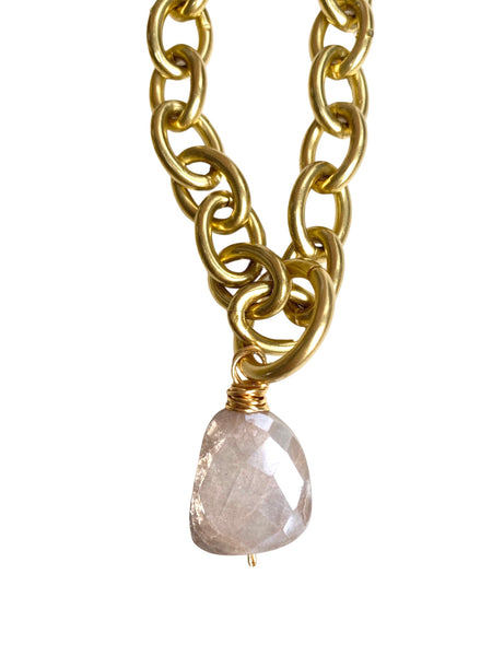 Chunky Brass Chain Necklace- Oval Chain w/ Moonstone