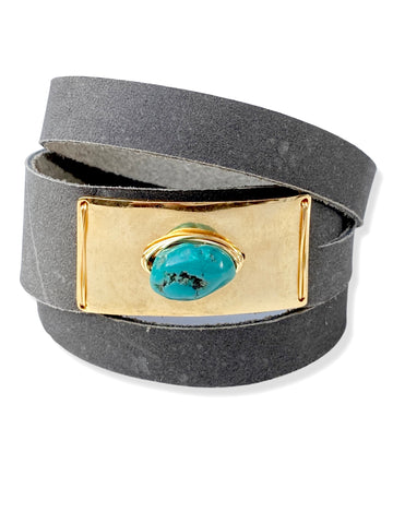 Gold Plate Wrap- Charcoal Leather & Turquoise