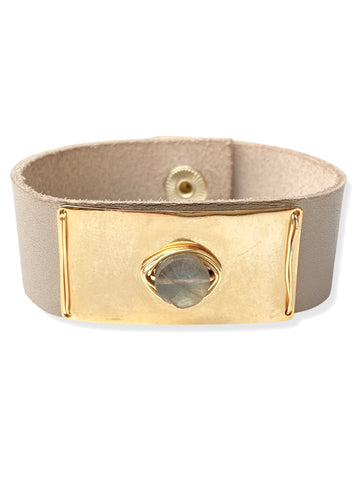 Gold Plate Snap- Taupe Leather & Labradorite