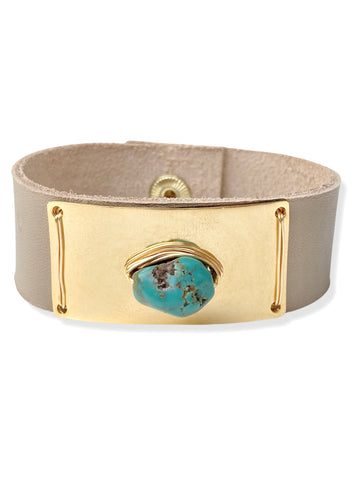 Gold Plate Snap- Taupe Leather & Turquoise
