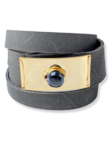 Gold Plate Wrap- Charcoal Leather & Onyx
