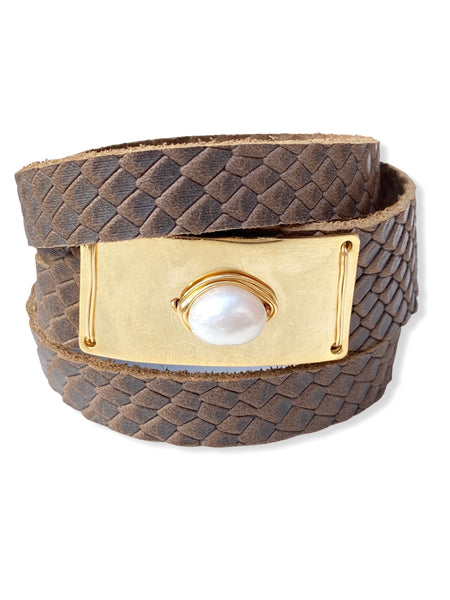 Gold Plate Wrap- Brown Python & Pearl
