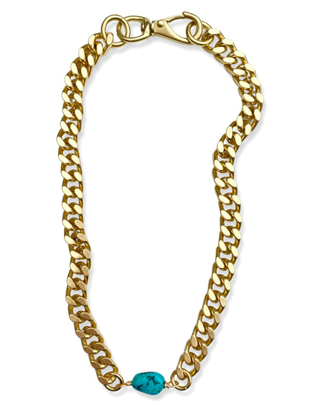 Chunky Brass Chain Necklace- Curb Chain w/ Turquoise
