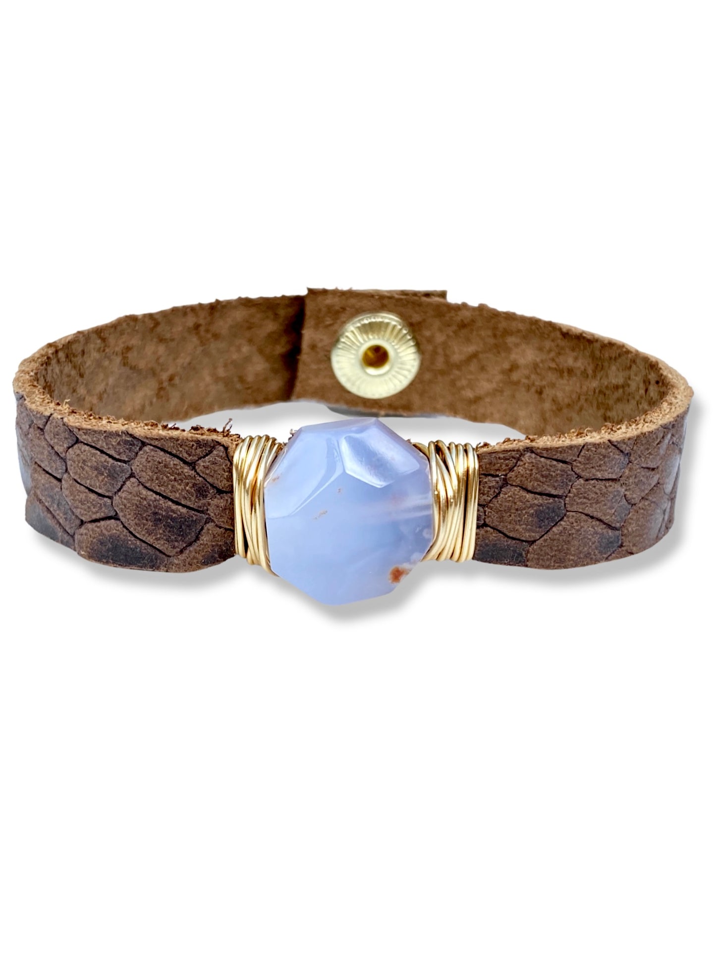 Leather Snap Bracelet- Blue Lace Agate