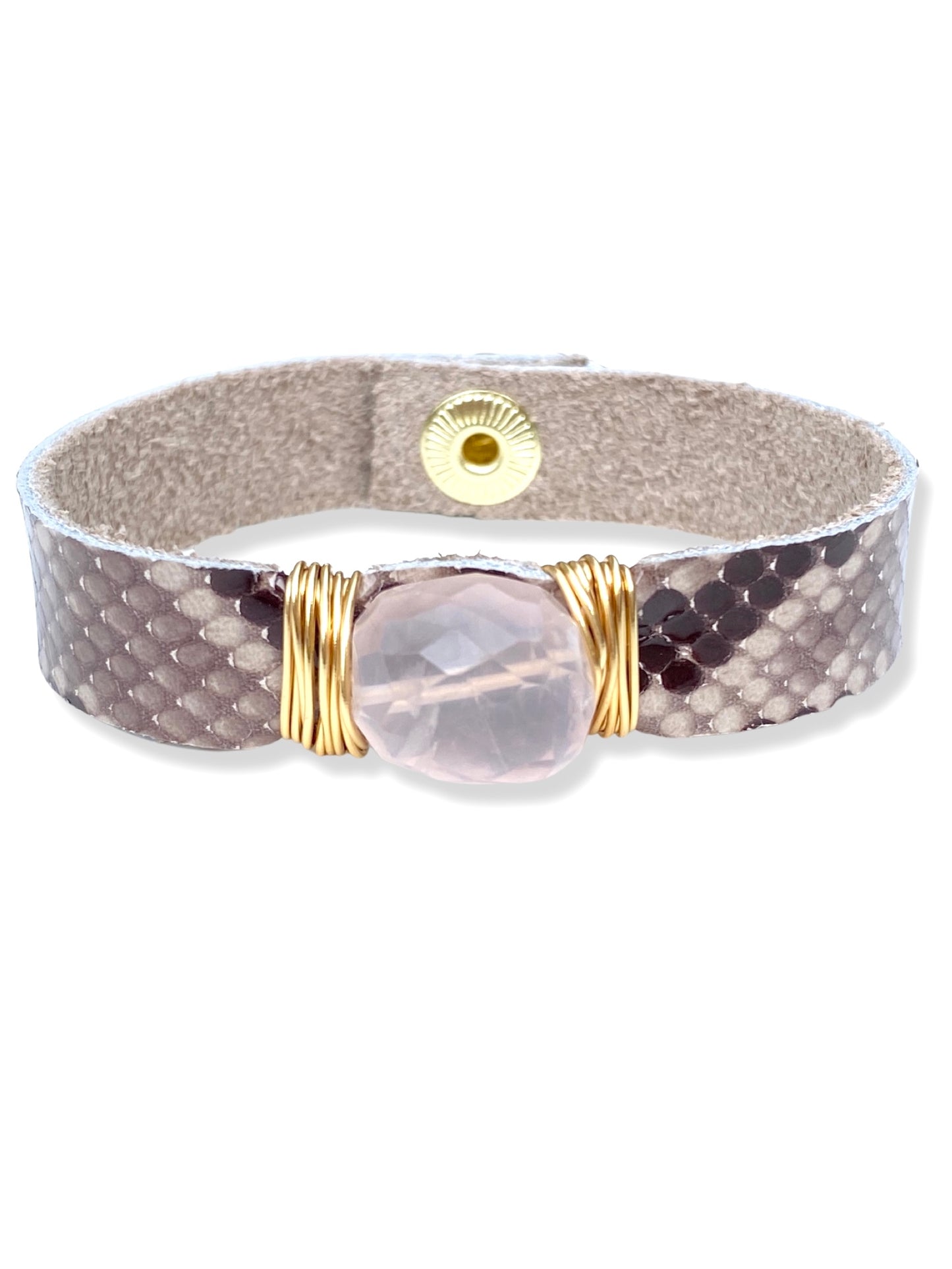 Leather Snap Bracelet- Rose Quartz