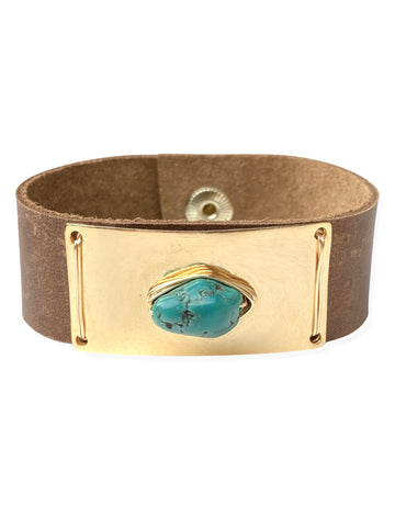 Gold Plate Snap- Caramel Leather & Turquoise
