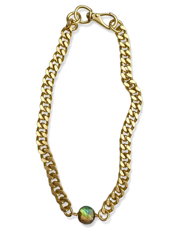 Chunky Brass Chain Necklace- Curb Chain w/ Labradorite