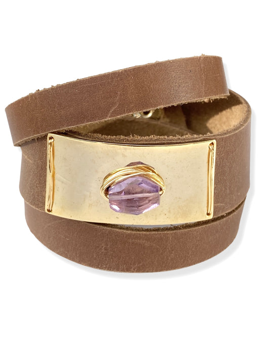 Gold Plate Wrap- Caramel Leather & Amethyst