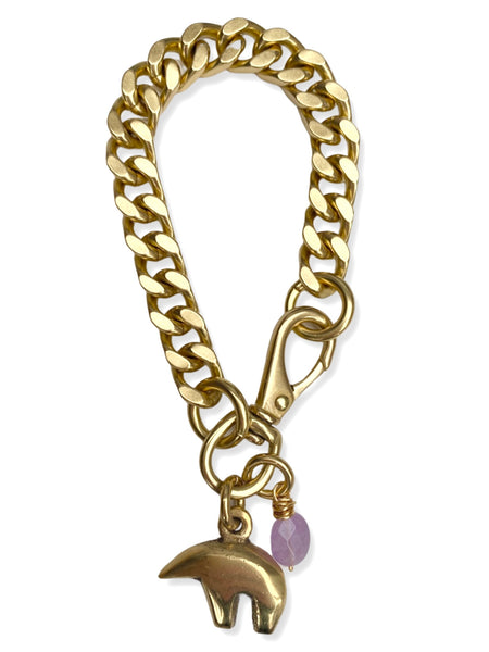 Chunky Brass Chain Bracelet- Curb Chain w/ Bear