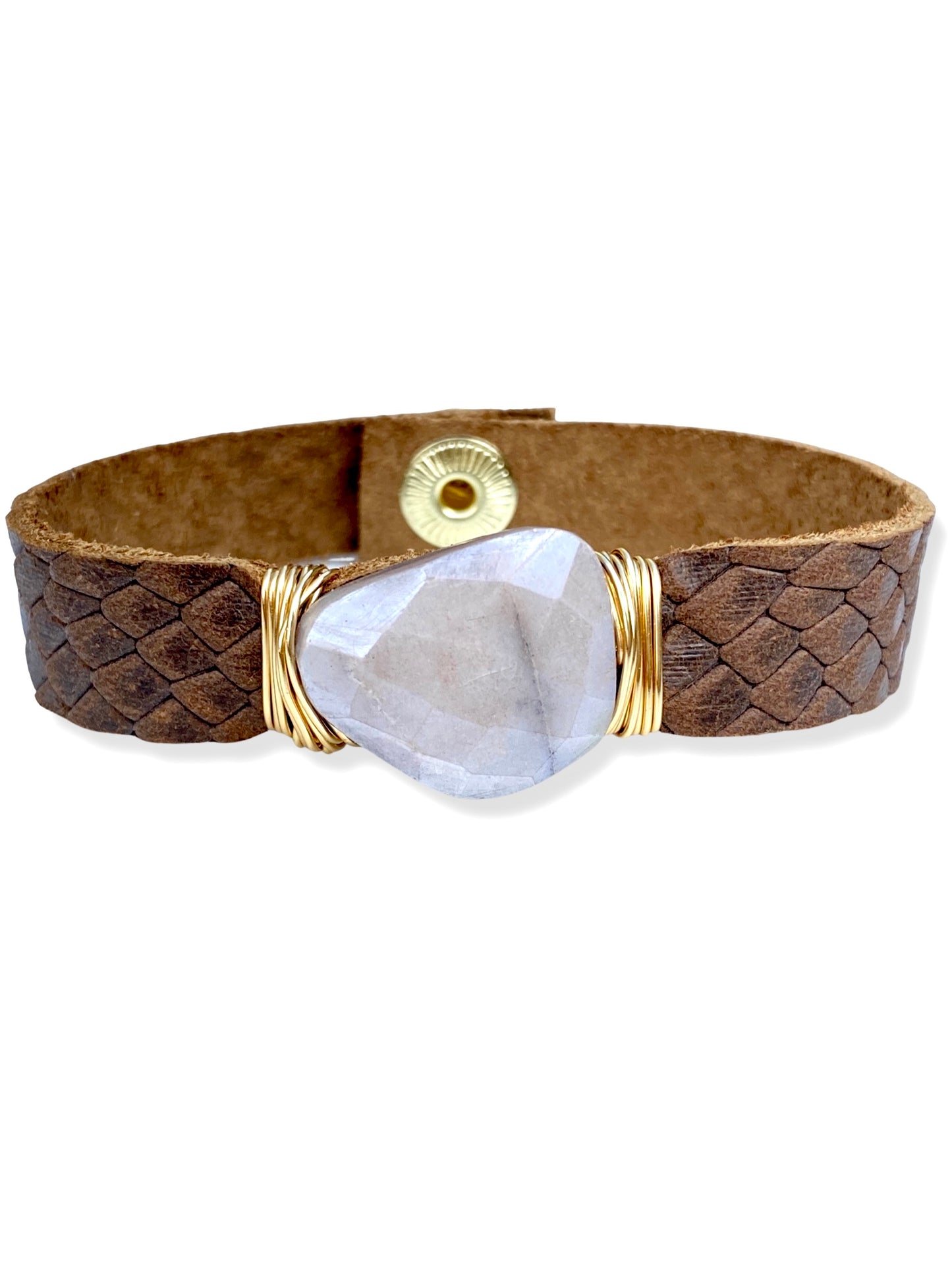 Leather Snap Bracelet- Moonstone