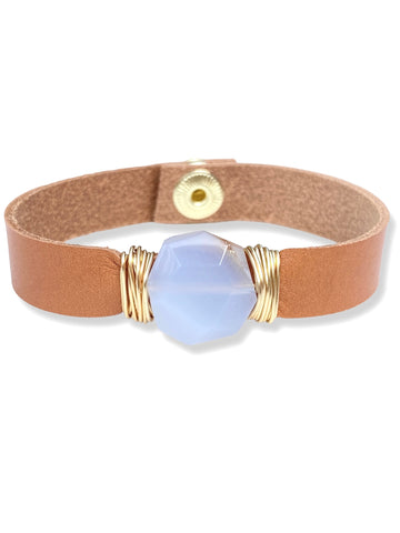 Leather Snap Bracelet- Blue Lace Agate