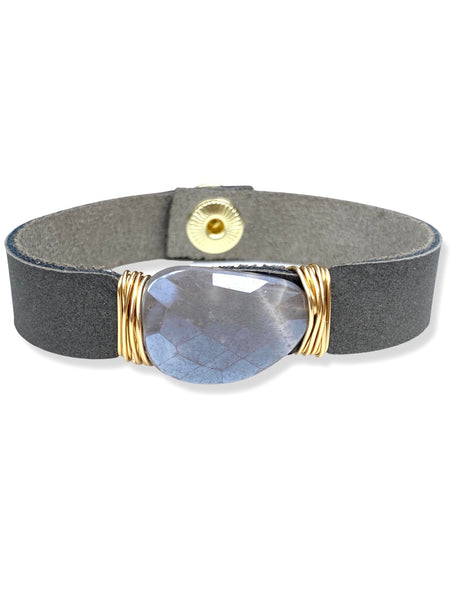 Leather Snap Bracelet- Moonstone