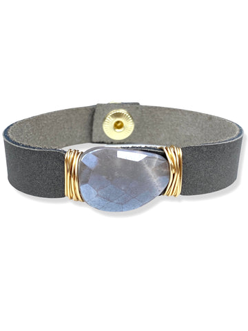 Leather Snap Bracelet- Moonstone