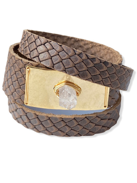 Gold Plate Wrap- Brown Python & Herkimer Diamond