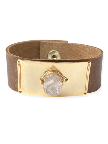 Gold Plate Snap- Caramel Leather & Herkimer Diamond