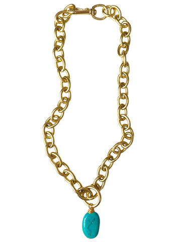 Chunky Brass Chain Necklace- Oval Chain w/ Turquoise