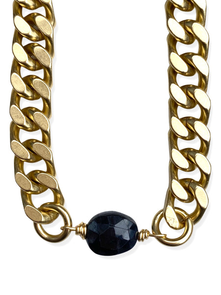 Chunky Brass Chain Necklace- Curb Chain w/ Onyx