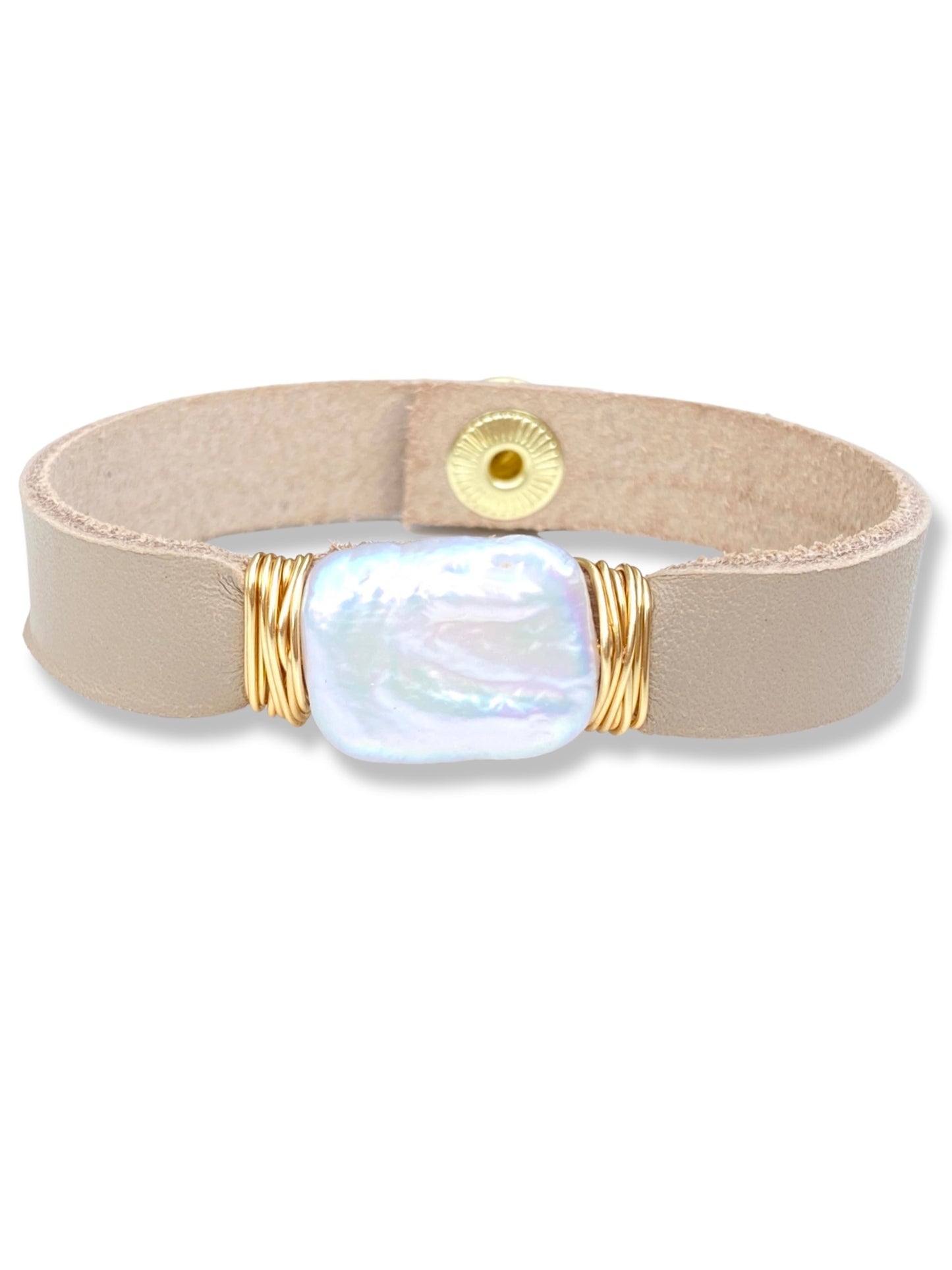 Leather Snap Bracelet- Pearl