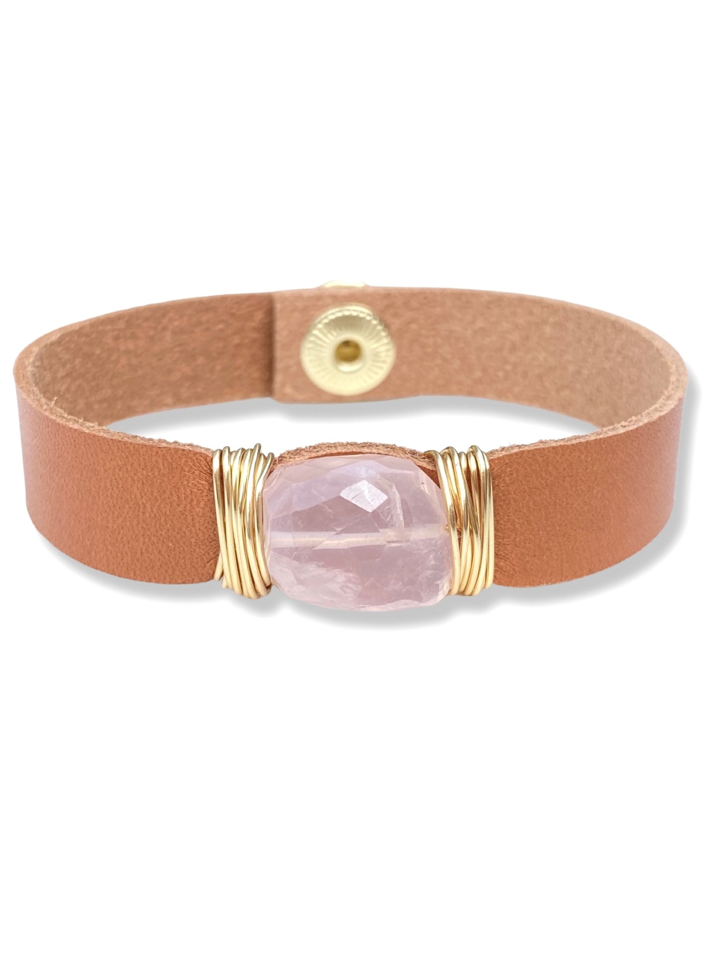 Leather Snap Bracelet- Rose Quartz