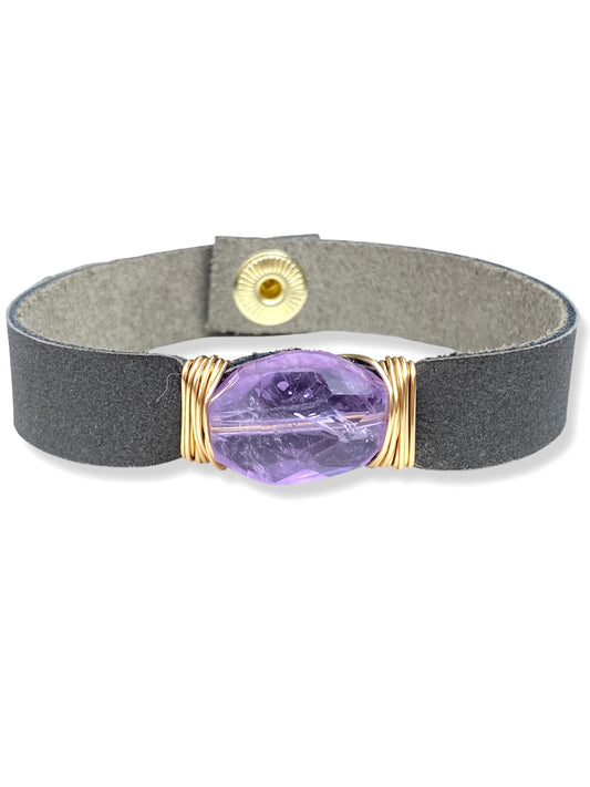 Leather Snap Bracelet- Amethyst