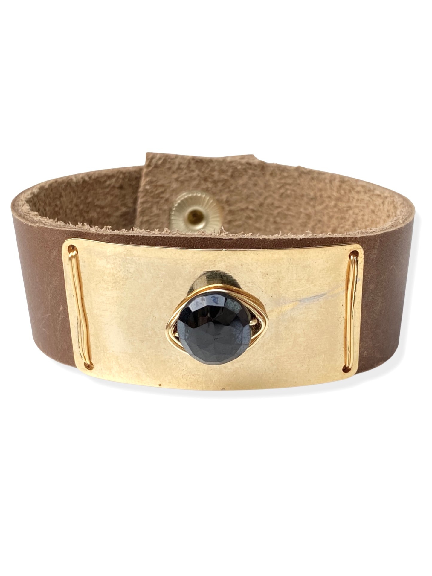 Gold Plate Snap- Caramel Leather & Onyx