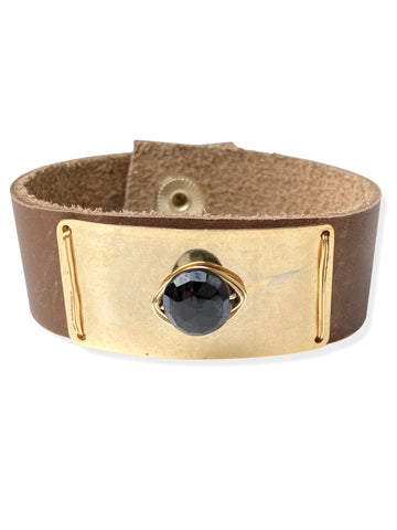 Gold Plate Snap- Caramel Leather & Onyx