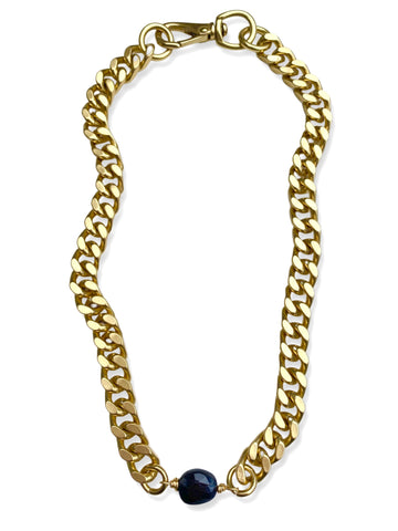 Chunky Brass Chain Necklace- Curb Chain w/ Onyx