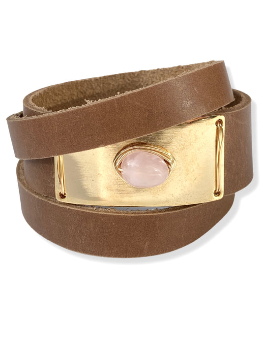 Gold Plate Wrap- Caramel Leather & Rose Quartz