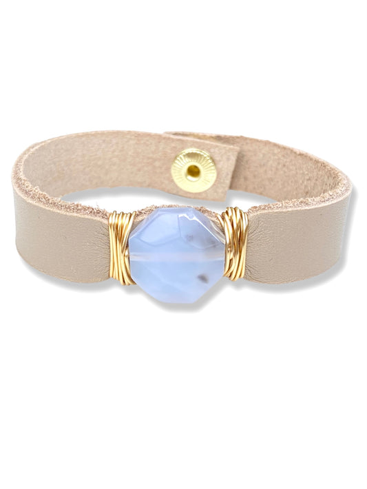 Leather Snap Bracelet- Blue Lace Agate