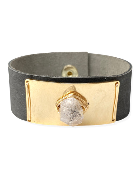 Gold Plate Snap- Charcoal Leather & Herkimer Diamond