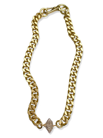 Chunky Brass Chain Necklace- Curb Chain w/ Herkimer Diamond