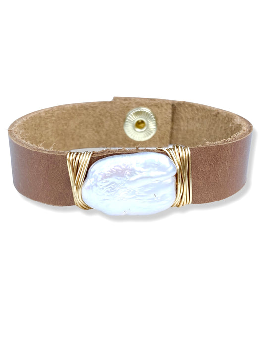 Leather Snap Bracelet- Pearl