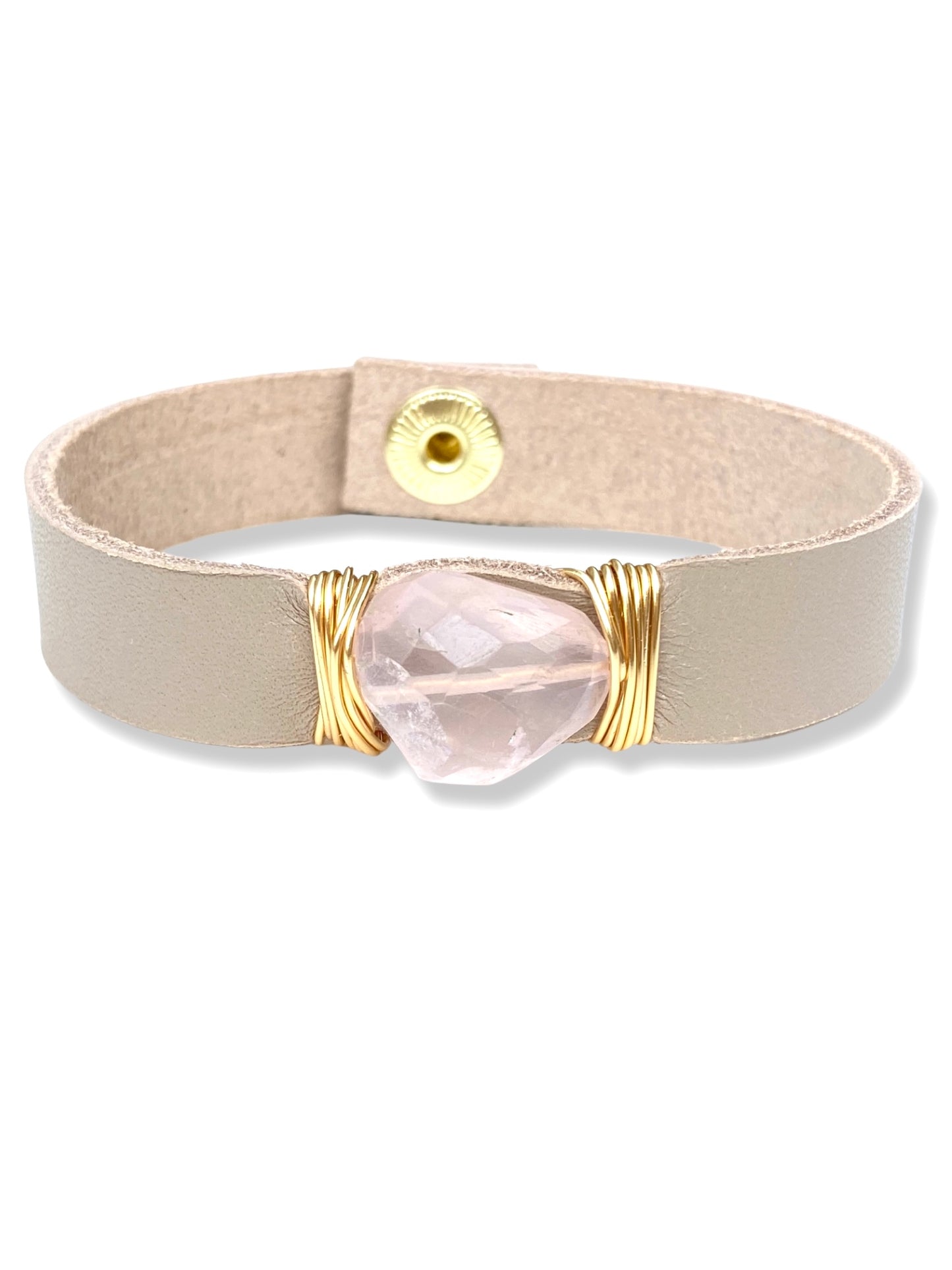 Leather Snap Bracelet- Rose Quartz