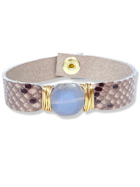 Leather Snap Bracelet- Blue Lace Agate