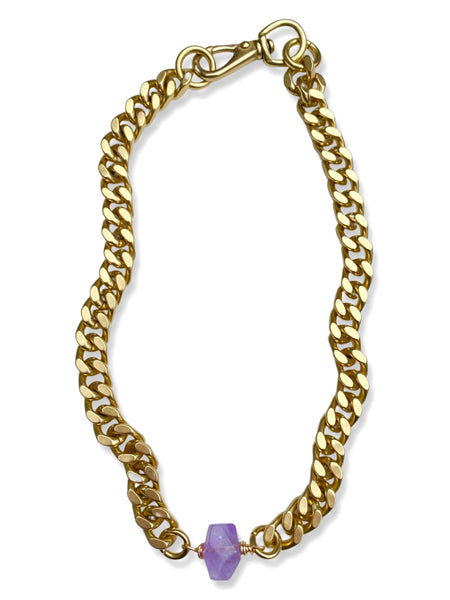 Chunky Brass Chain Necklace- Curb Chain w/ Amethyst