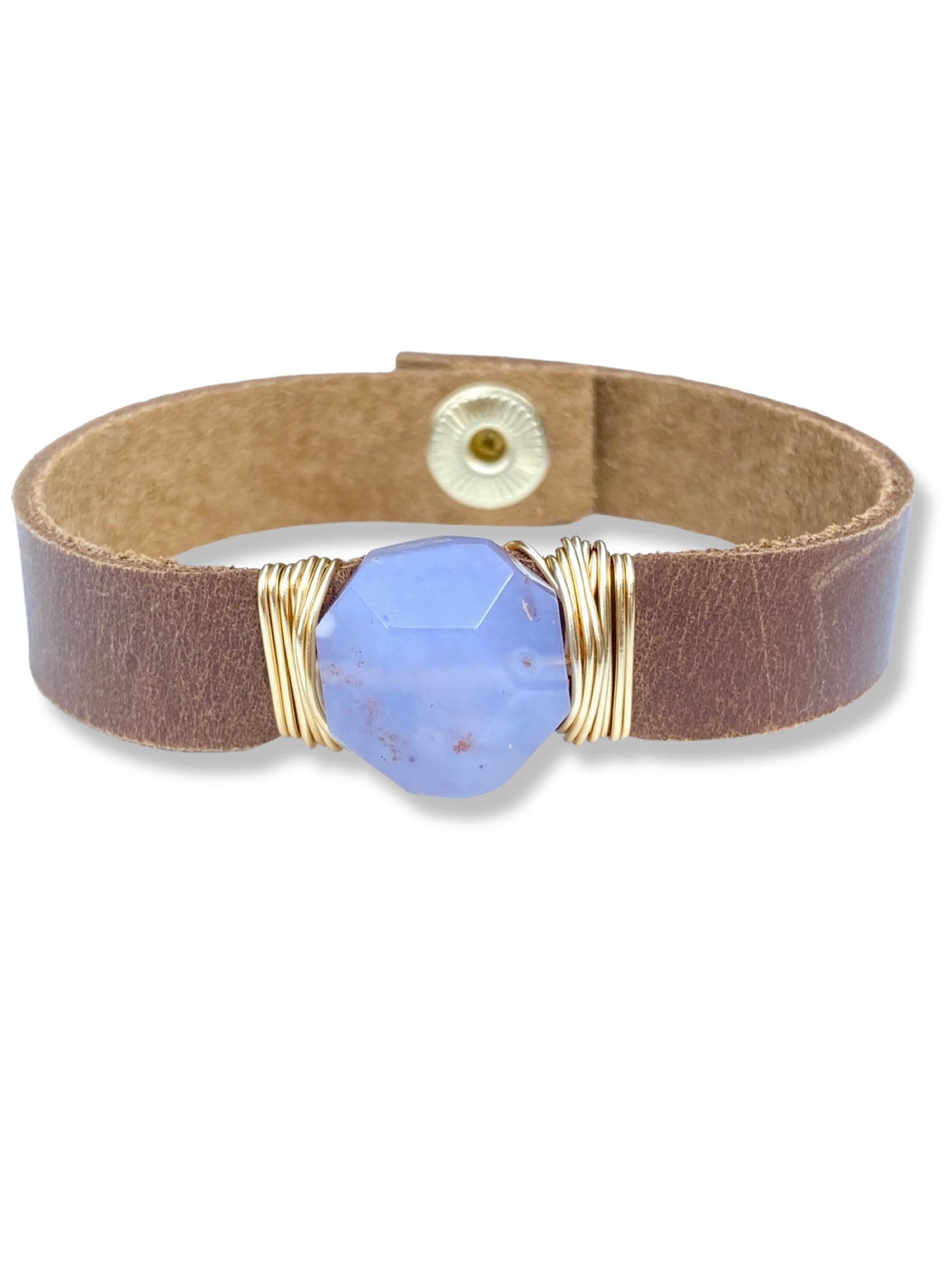 Leather Snap Bracelet- Blue Lace Agate