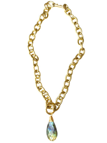 Chunky Brass Chain Necklace- Oval Chain w/ Labradorite